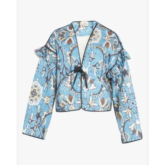 Hannah Artwear Janaki Blue Floral Ruffle-Trim Quilted Jacket Women’s Size 1, Med - Picture 1 of 16